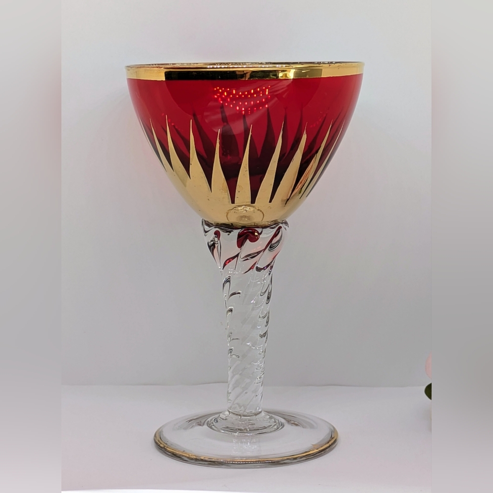 Single Bohemian Style Ruby Red & Gold Wine Glass Twisted Stem Goblet Vintage